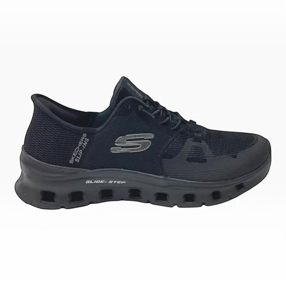 The Shoe Shop Skechers Glide Step Pro black mesh slip-in sneaker with geometric cushioned midsole and logo detail