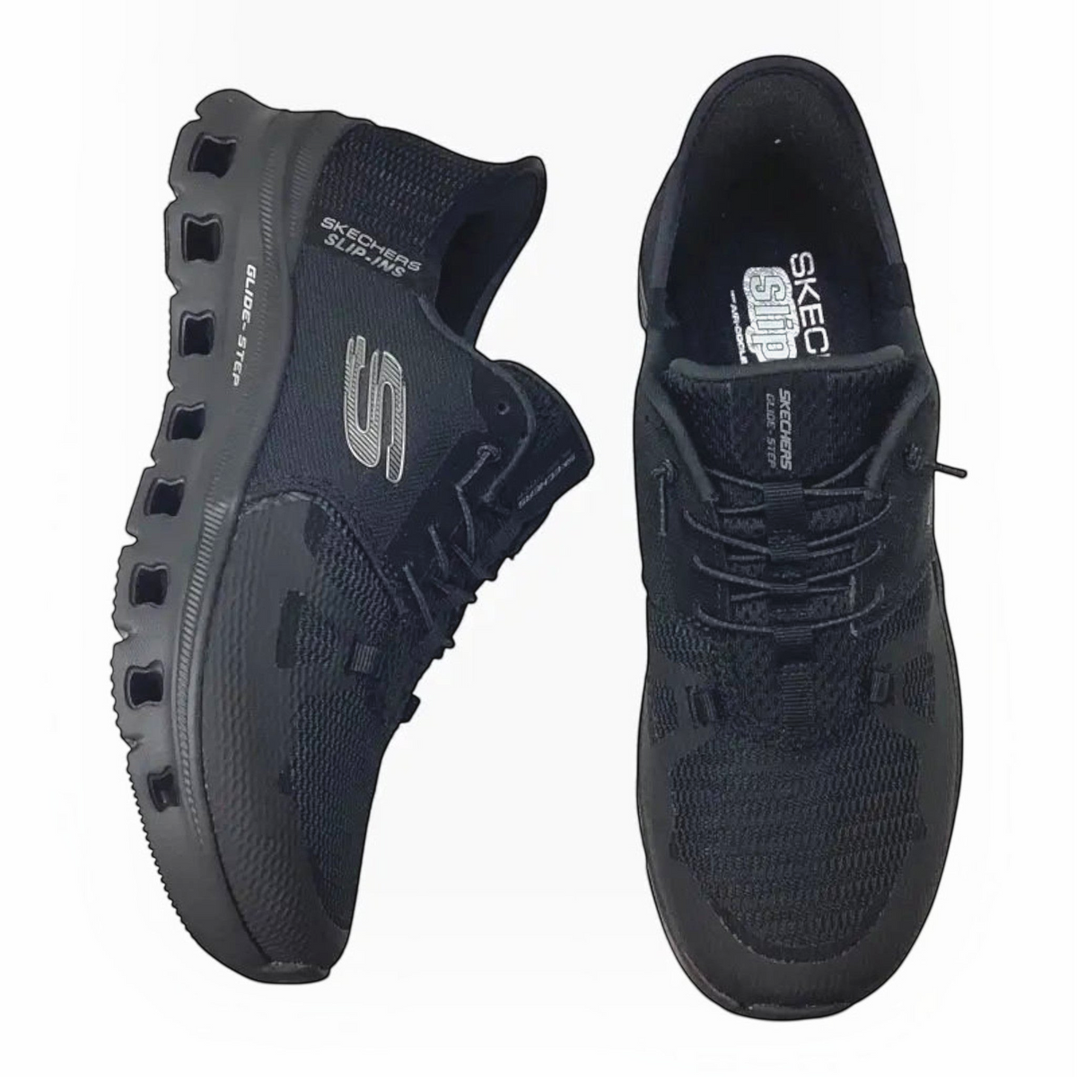 The Shoe Shop Skechers Glide Step Pro black mesh slip-in sneakers with geometric cushioned midsoles and stretch laces.