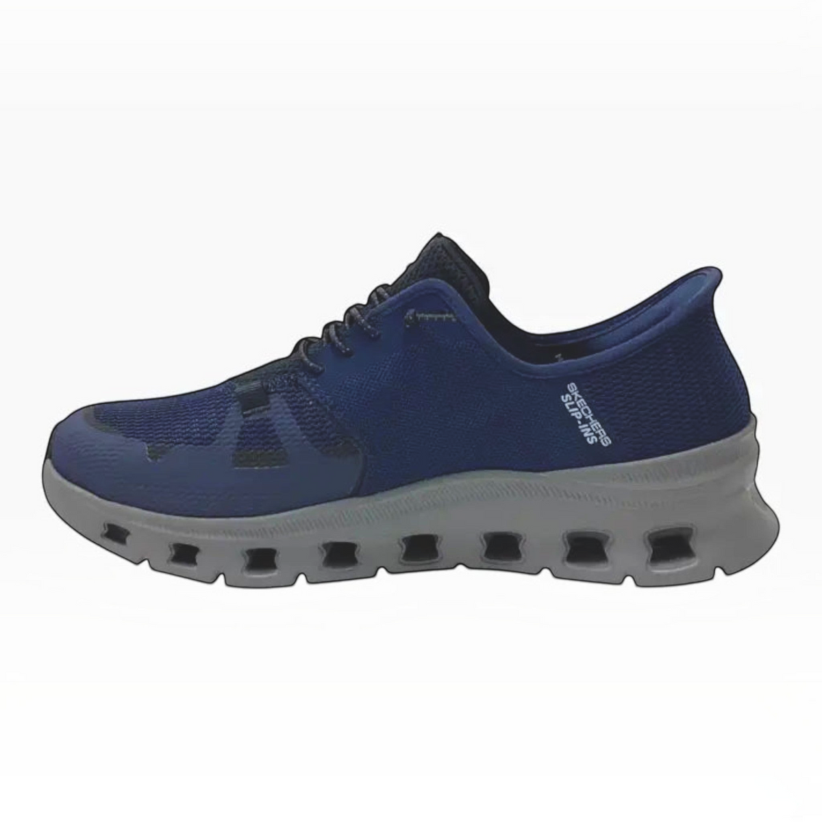 The Shoe Shop Skechers Glide Step Pro navy mesh slip-in sneaker with grey cushioned midsole and stretch laces.