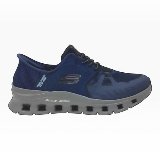 The Shoe Shop Skechers Glide Step Pro navy blue mesh slip-in sneaker with grey cushioned midsole and logo detail.