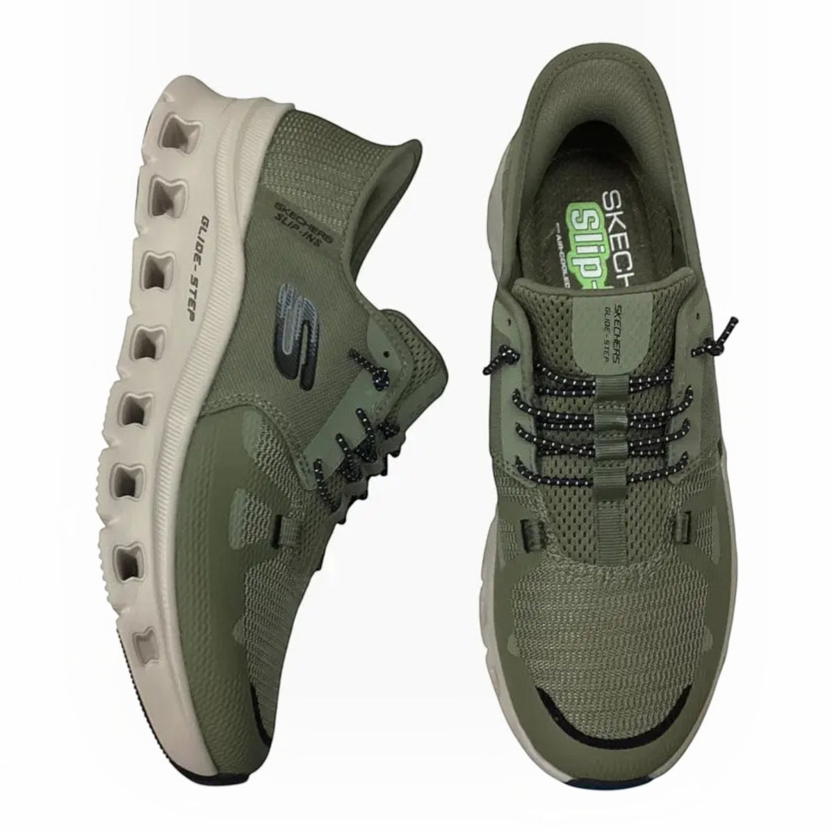 The Shoe Shop Skechers Glide Step Pro olive green mesh slip-in sneakers with stretch laces and cushioned midsole