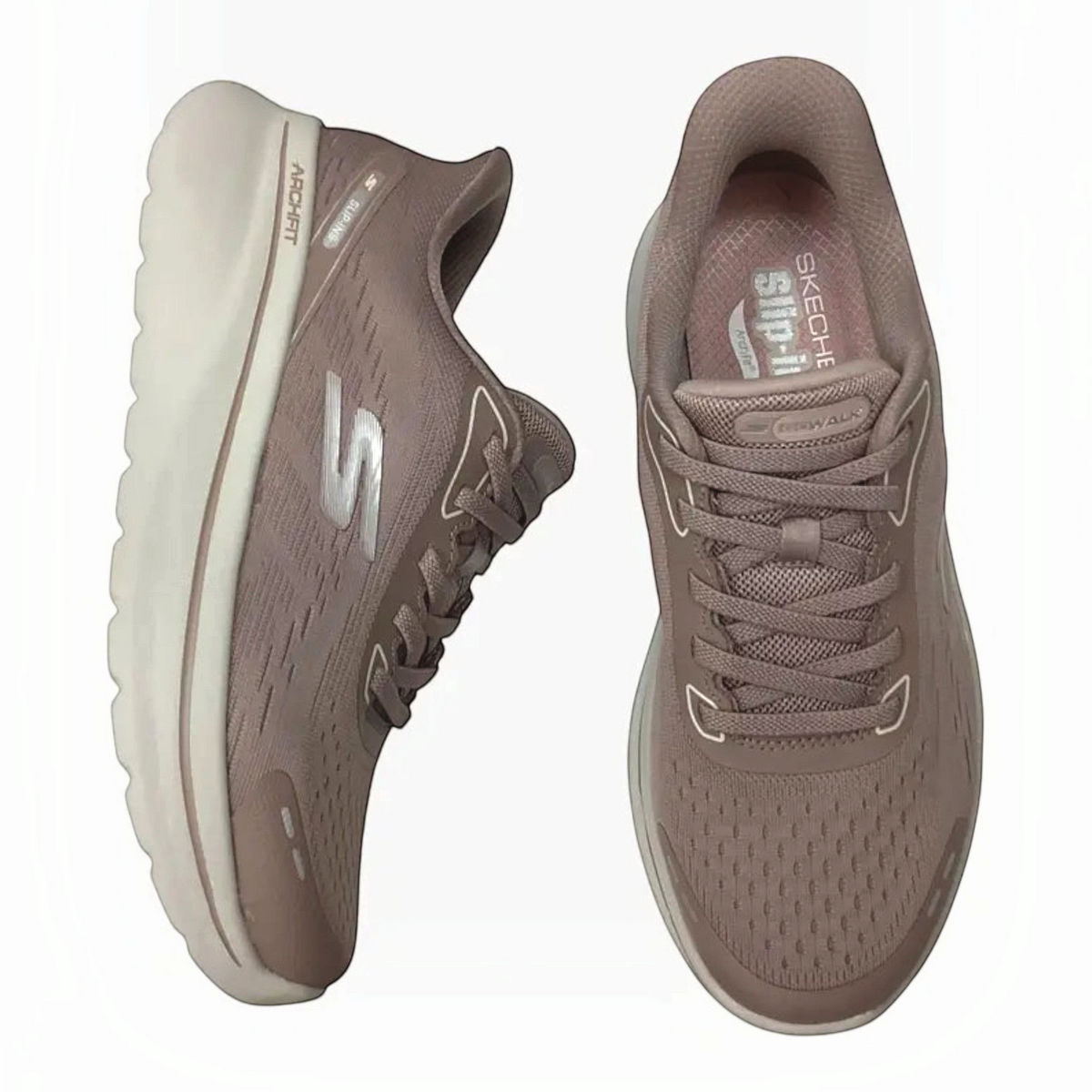 The Shoe Shop Skechers Go Walk Arch Fit N-Joy mauve vegan slip-on walking shoes with engineered mesh and arch support