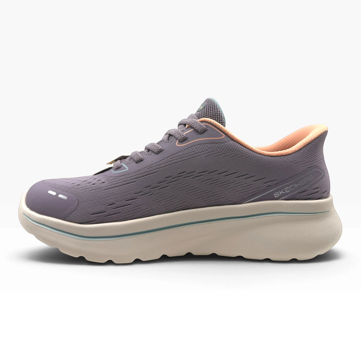 The Shoe Shop Skechers Go Walk Arch Fit N Joy sneaker in purple mesh with a beige cushioned midsole and peach lining.