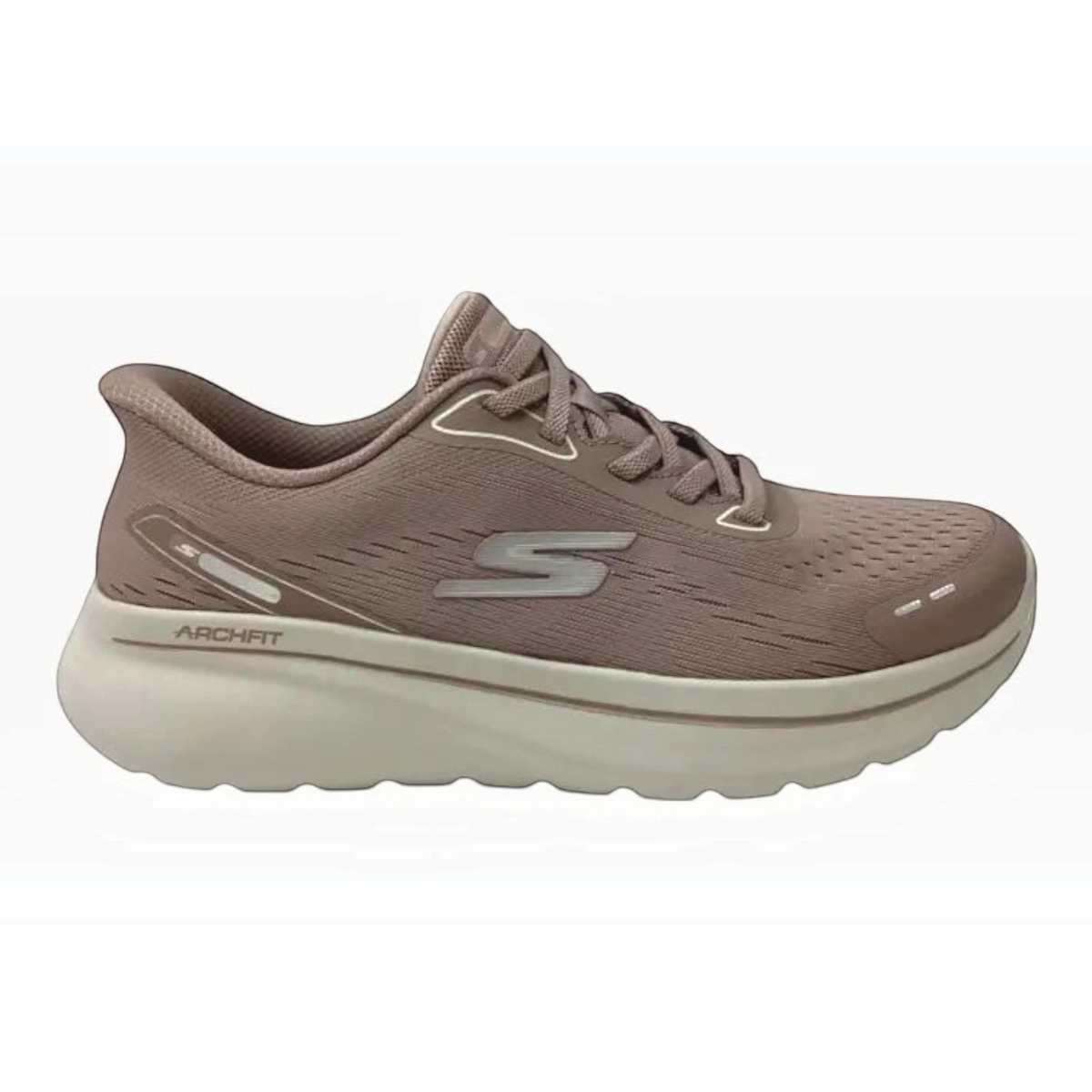 The Shoe Shop Skechers Go Walk Arch Fit N-Joy taupe vegan slip-on walking shoe with mesh upper and cushioned midsole.