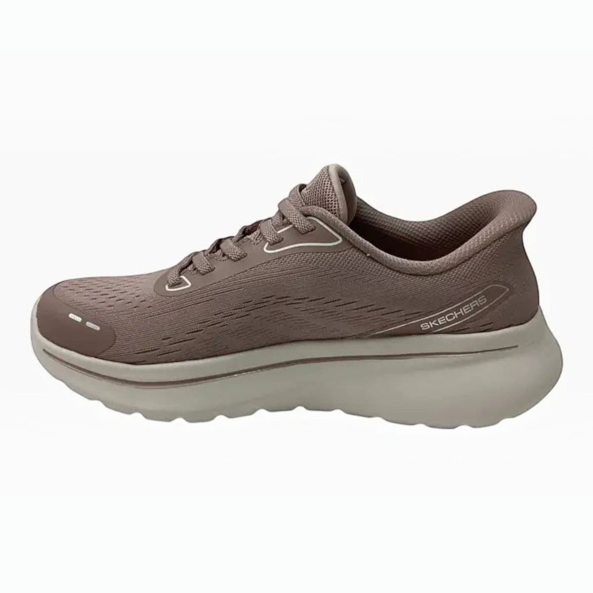 The Shoe Shop Skechers Go Walk Arch Fit N-Joy slip-on walking shoe in taupe mesh with a thick cushioned midsole.