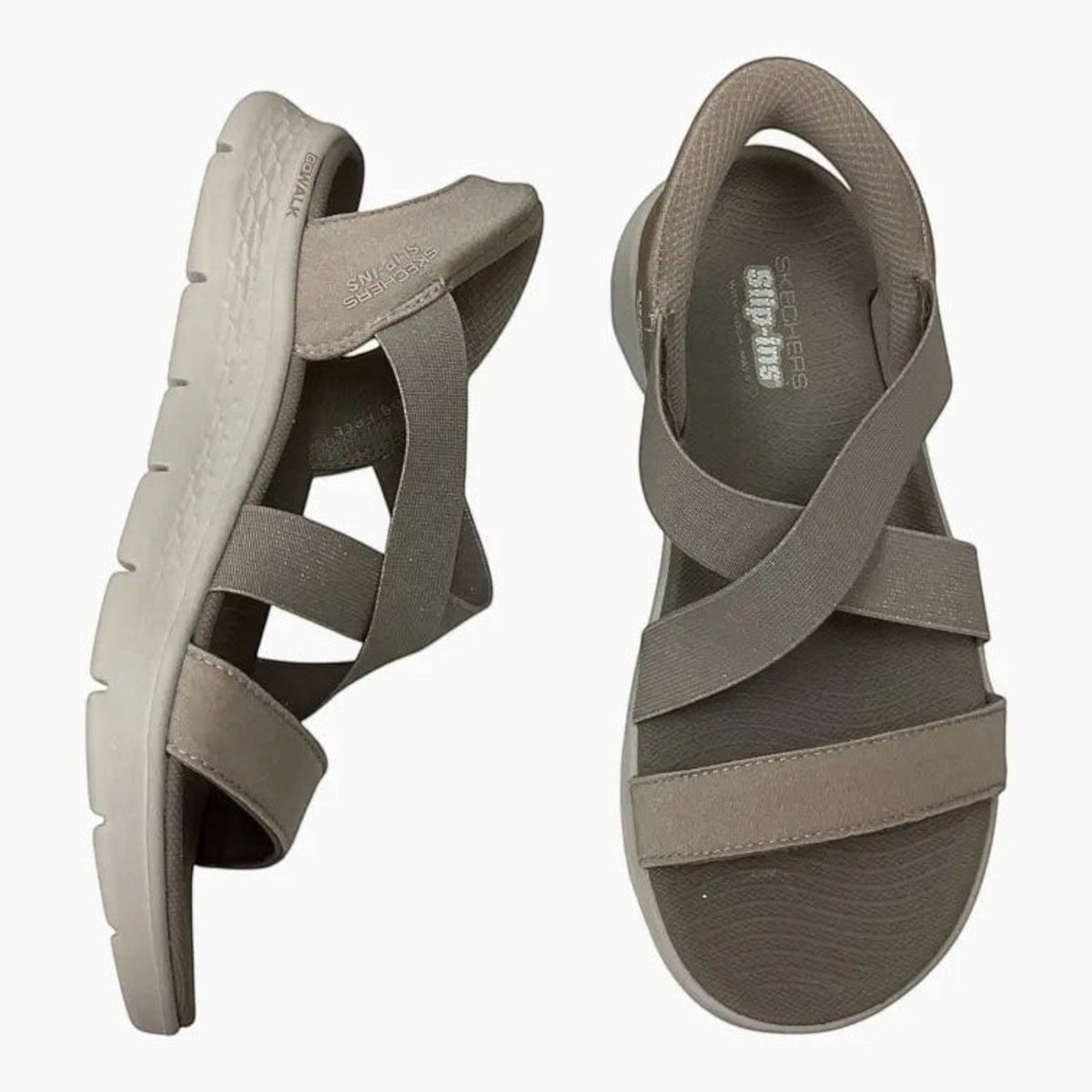 The Shoe Shop Skechers GO WALK Flex Glimmer Up slip-on sandals in taupe with shimmery straps and contoured footbed.