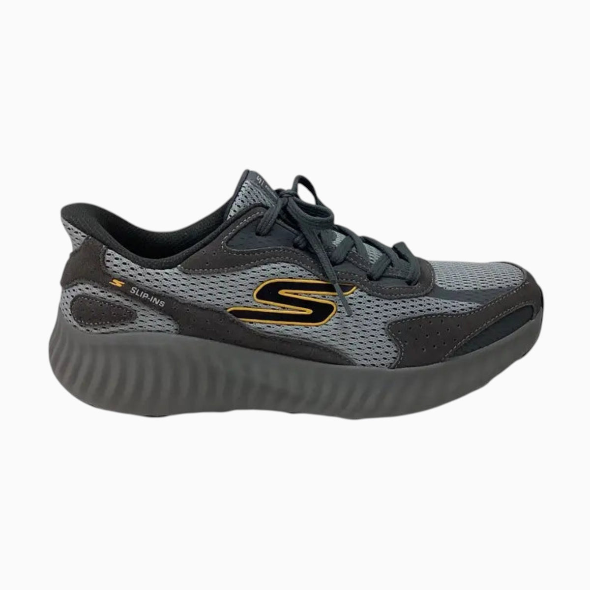 The Shoe Shop Skechers Go Run Now Harbor grey mesh slip-in sneaker with yellow logo and thick cushioned midsole.