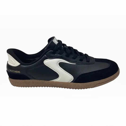 The Shoe Shop Skechers Hotshot black and white leather sneaker with suede overlays and a gum rubber outsole.