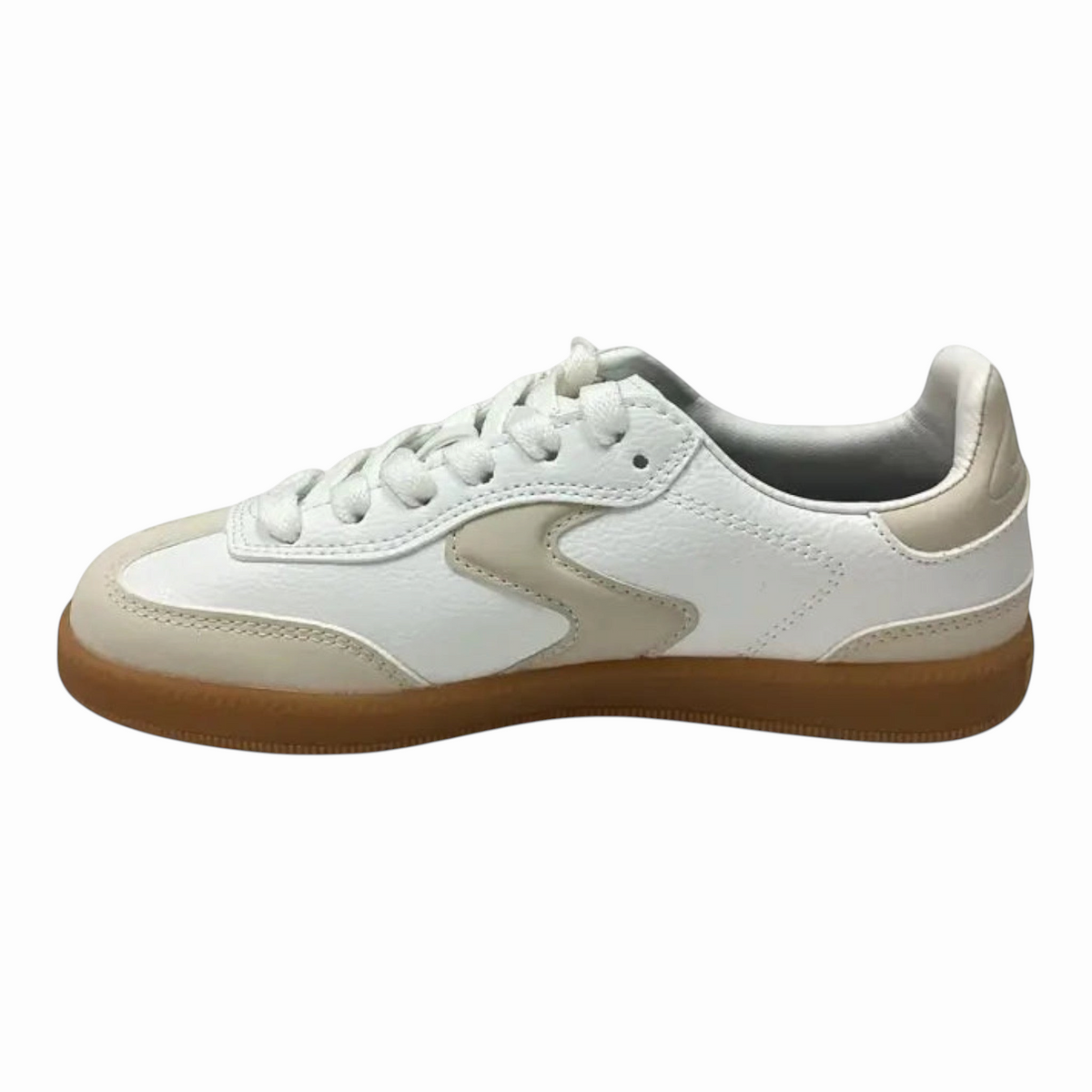 The Shoe Shop Skechers Hotshot Little Kickoff white and beige low-profile sneaker with a gum rubber outsole.