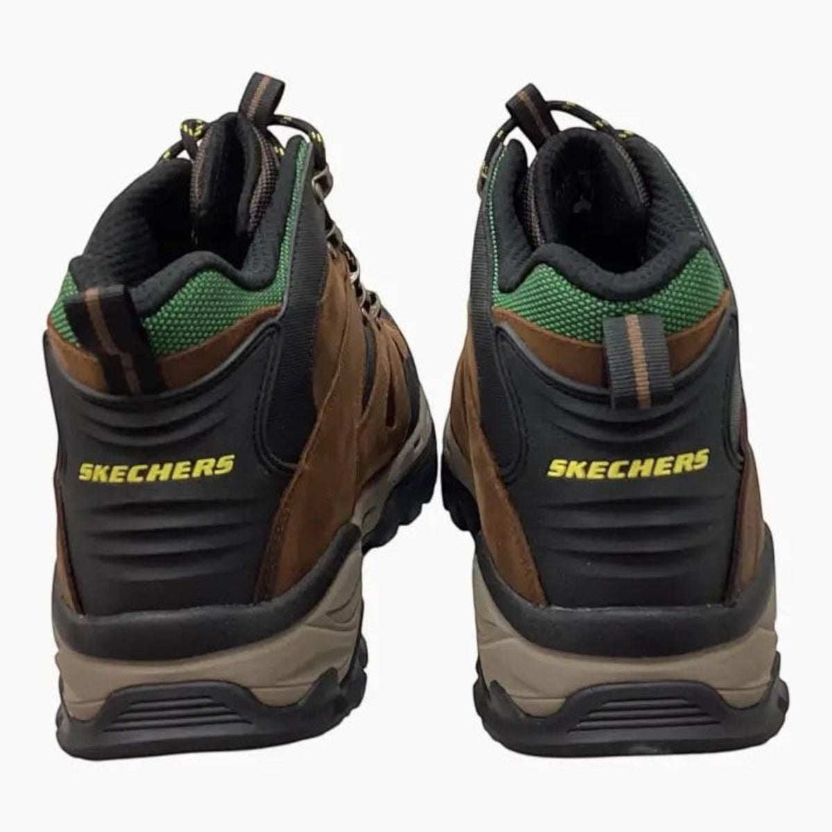 The Shoe Shop Skechers x John Deere Arch Fit Tarver waterproof brown leather and mesh hiking boots, rear view.