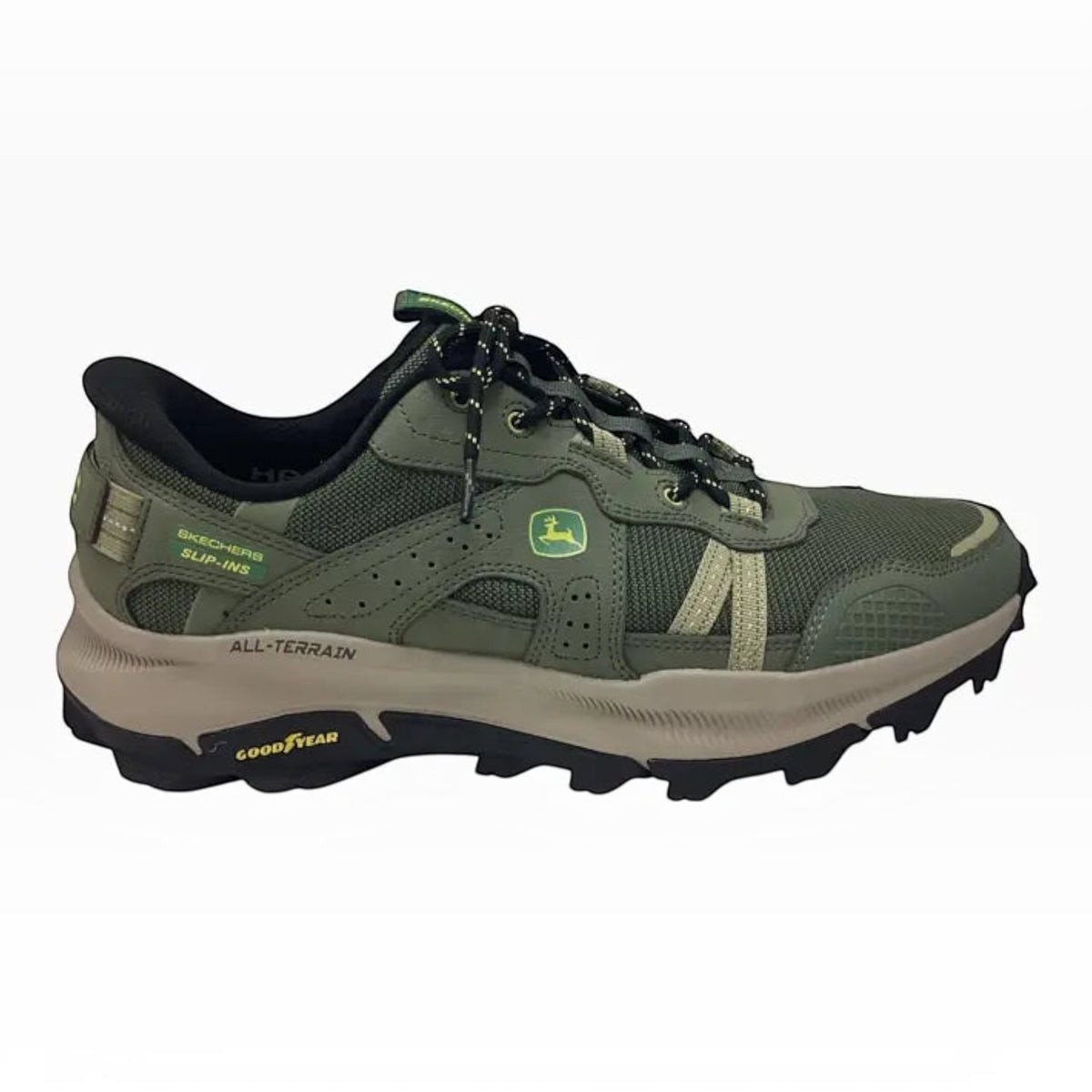 The Shoe Shop Skechers x John Deere Equalizer 5.0 Trail Harvester olive green sneaker with Goodyear rubber outsole.