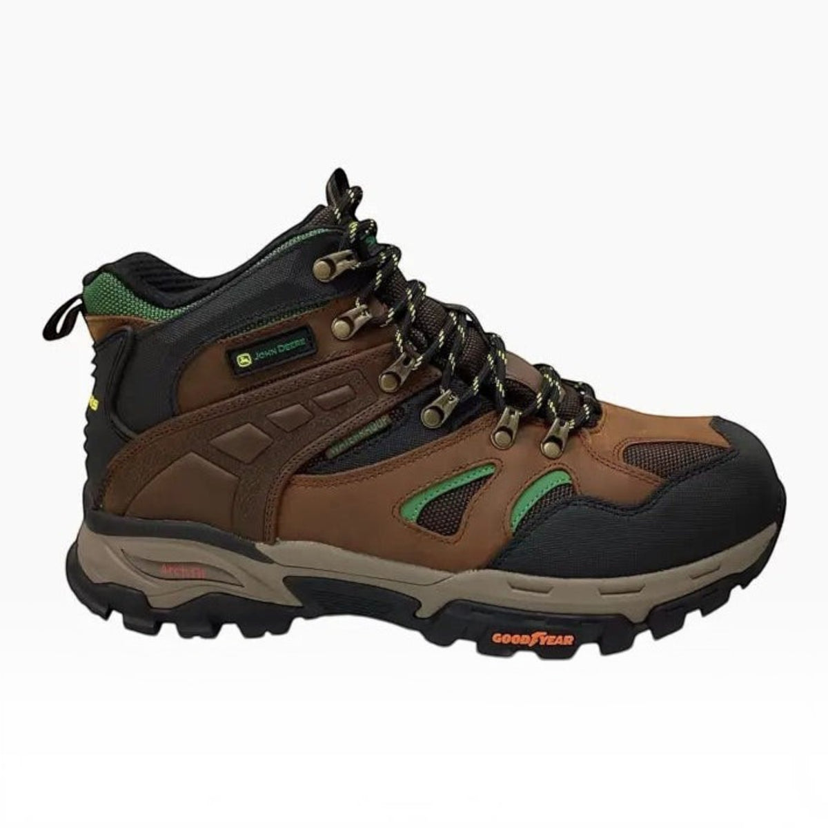The Shoe Shop Skechers x John Deere Arch Fit Tarver waterproof brown leather and mesh hiking boot with rugged outsole.