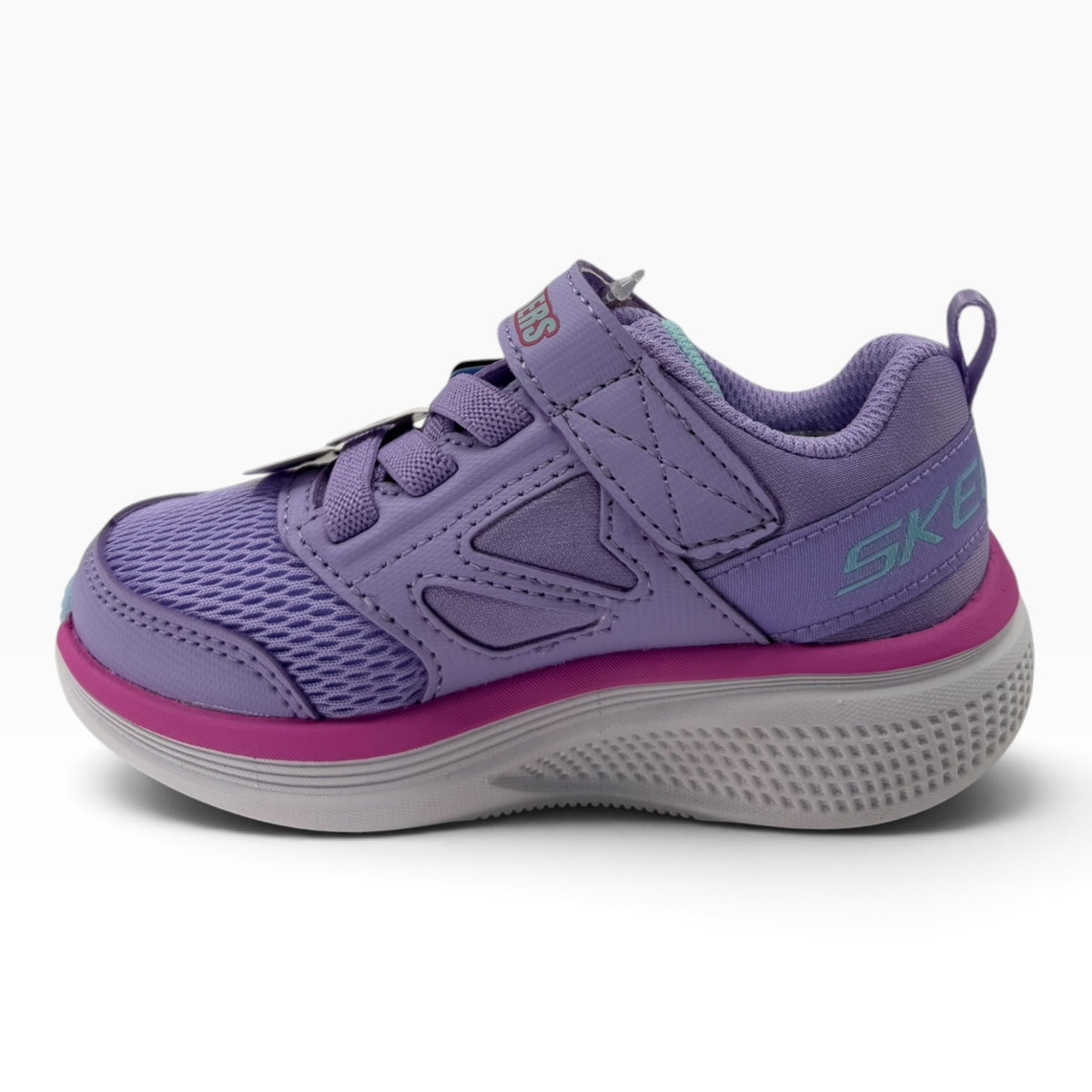 The Shoe Shop Skechers GO RUN Elevate 2.0 purple kids sneaker with mesh upper, strap closure, and cushioned sole.