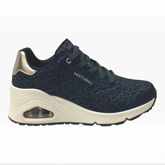 The Shoe Shop Skechers Uno Wedge Safari Daze sneaker in black leopard print with metallic gold heel and air cushion