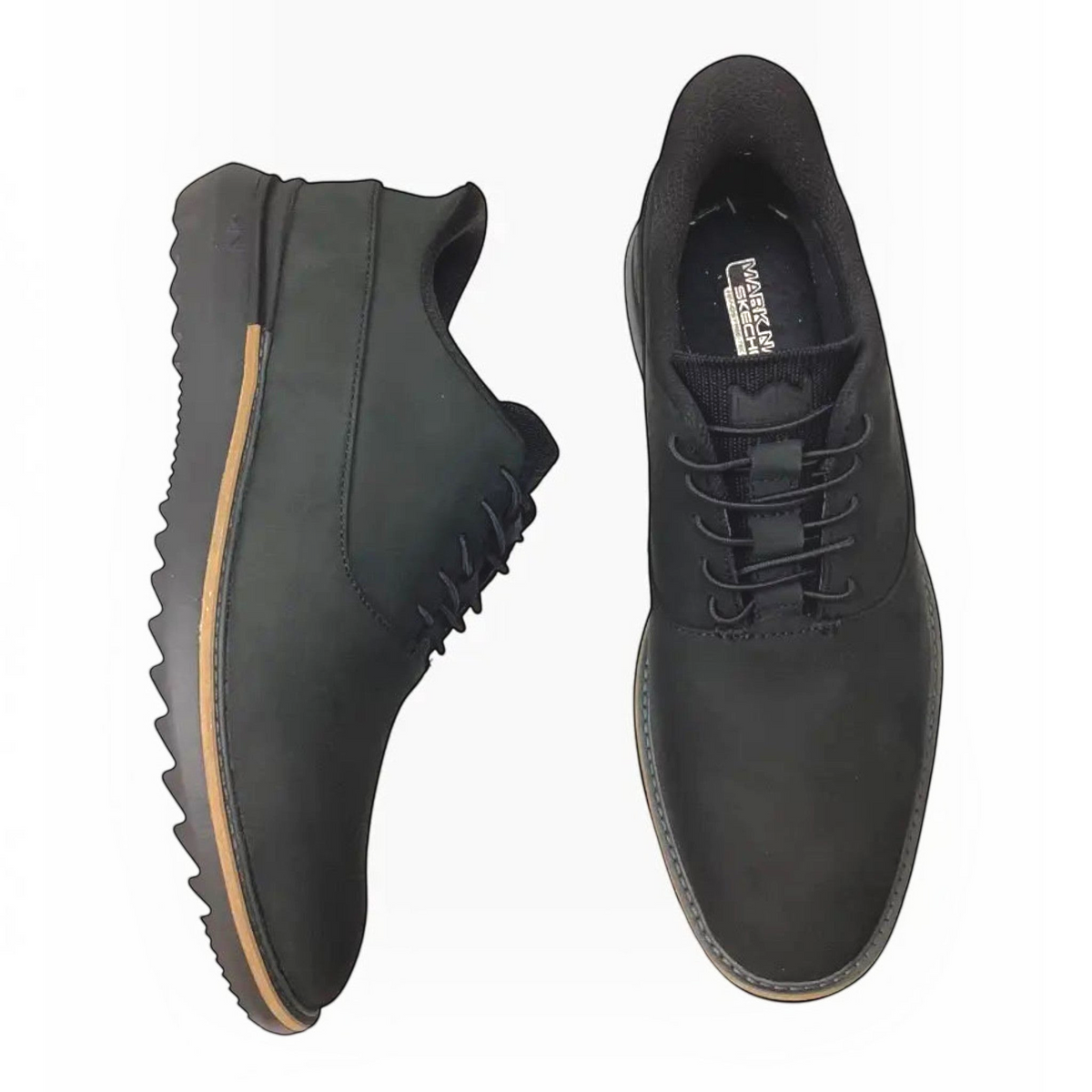 The Shoe Shop Skechers Mako Hollins black leather slip-on shoes with stretch laces and cushioned memory foam insoles.