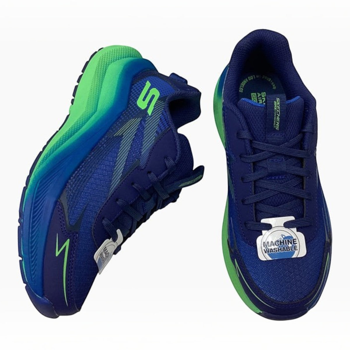 The Shoe Shop Skechers Max Cushioning Ascender sneakers in blue and green mesh with lace-up front and traction sole.