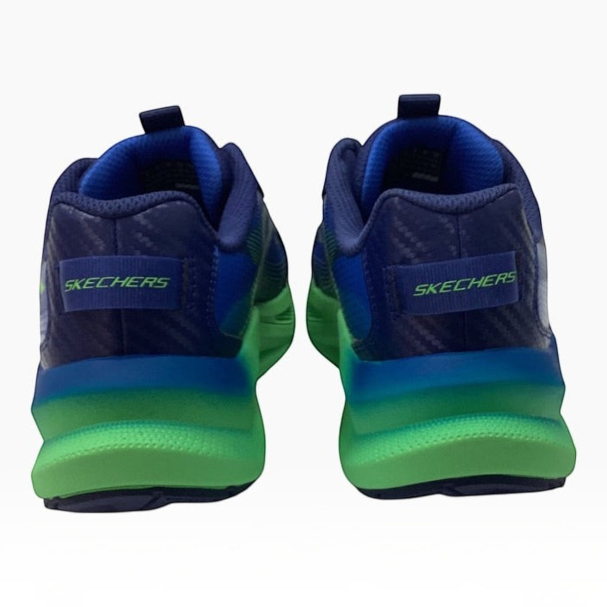 The Shoe Shop Skechers Max Cushioning Ascender sneakers in blue and green mesh with a thick cushioned heel