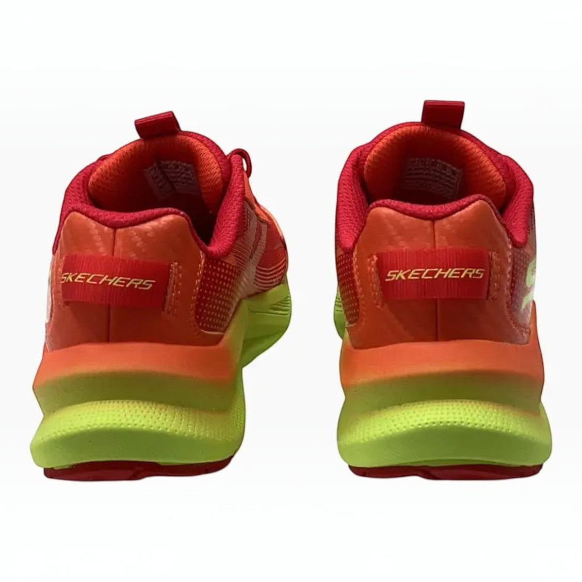 The Shoe Shop Skechers Max Cushioning Ascender sneakers in orange and lime green, showing the rear heel view.
