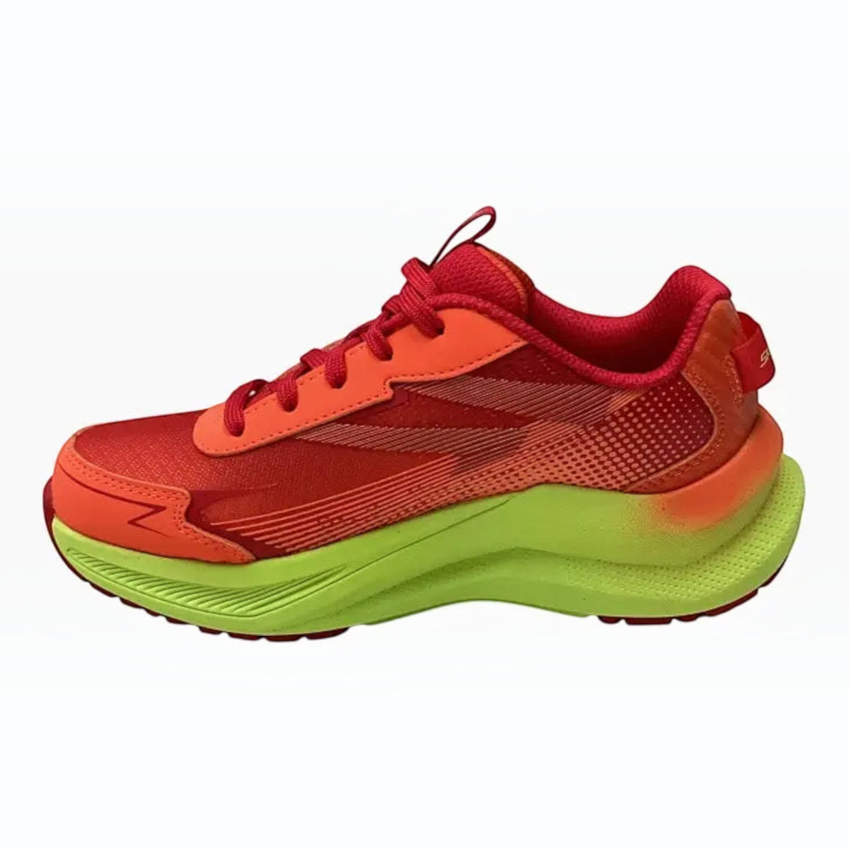 The Shoe Shop Skechers Max Cushioning Ascender sneaker in red and orange mesh with a lime green cushioned sole.