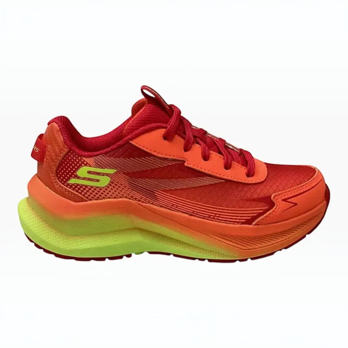 The Shoe Shop Skechers Max Cushioning Ascender sneaker in vibrant red and orange with lime green sole details.