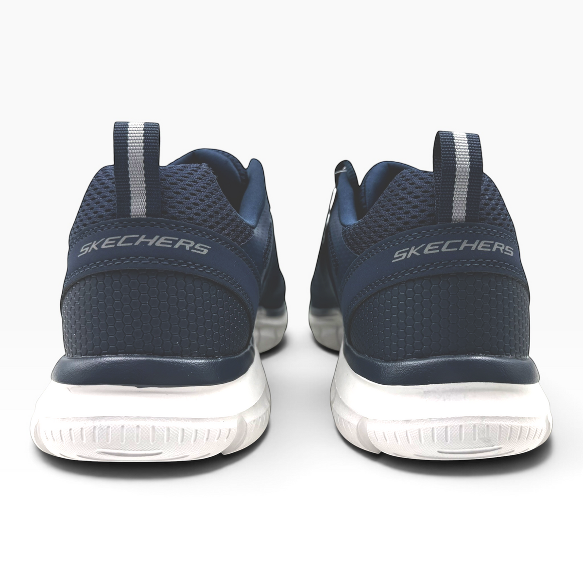 The Shoe Shop Skechers 232698 Track Broader navy blue mesh sneakers with grey soles, rear view showing heel tabs.