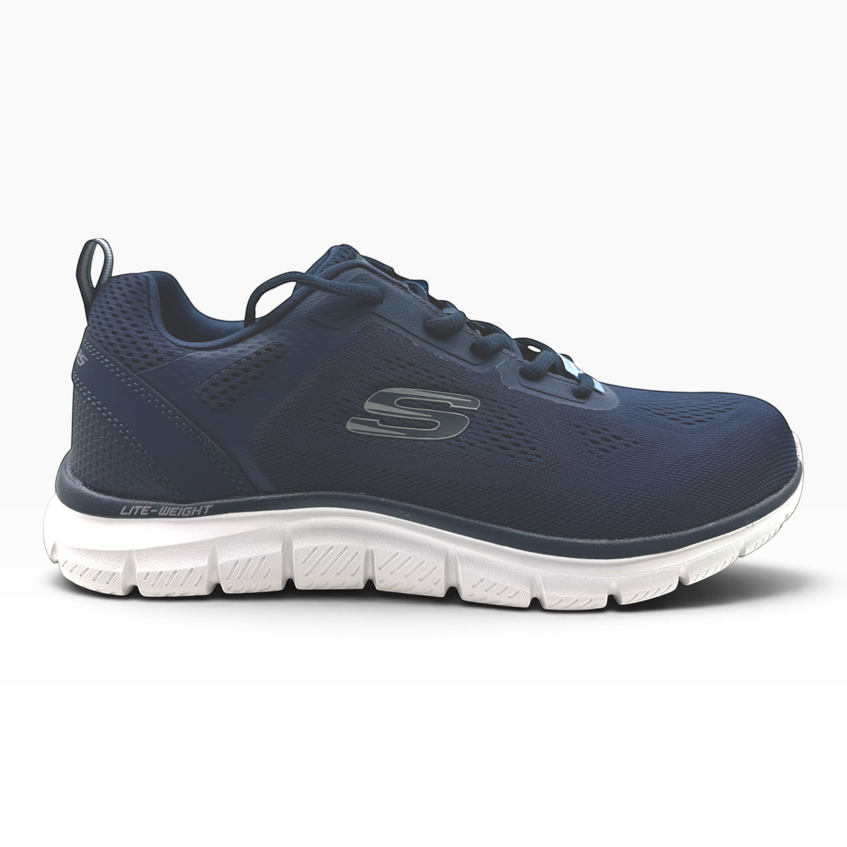 The Shoe Shop Skechers Track Broader navy blue lightweight athletic sneaker with mesh upper and grey cushioned sole