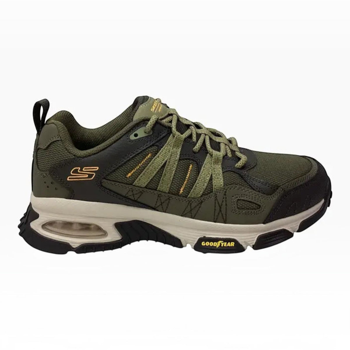 The Shoe Shop Skechers Skech-Air Envoy trail sneaker in olive green leather and mesh with Goodyear rubber outsole.