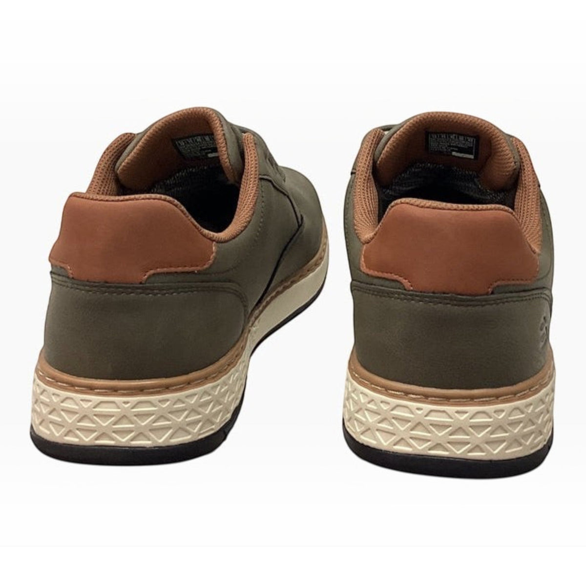 The Shoe Shop Skechers Garlan Pryor waterproof olive vegan leather shoes, rear view showing brown heel and textured sole