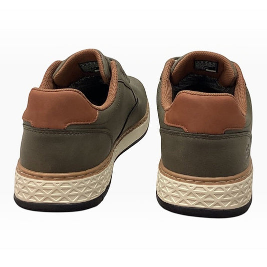The Shoe Shop Skechers Garlan Pryor waterproof olive vegan leather shoes, rear view showing brown heel and textured sole