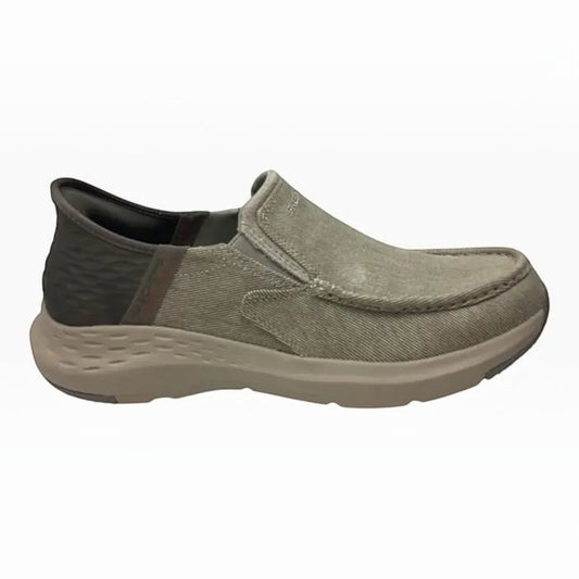 The Shoe Shop Skechers Parson Dewitt slip-on shoe in taupe canvas with a cushioned sole and flexible gore panels.