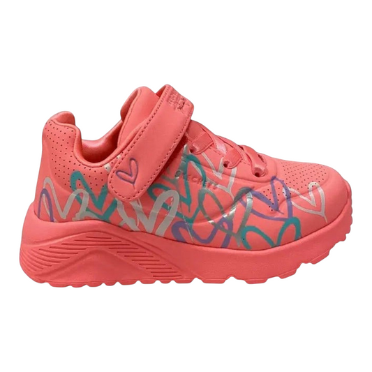 The Shoe Shop Skechers Uno Lite sneaker in pink with metallic graffiti heart prints and a wedge midsole.