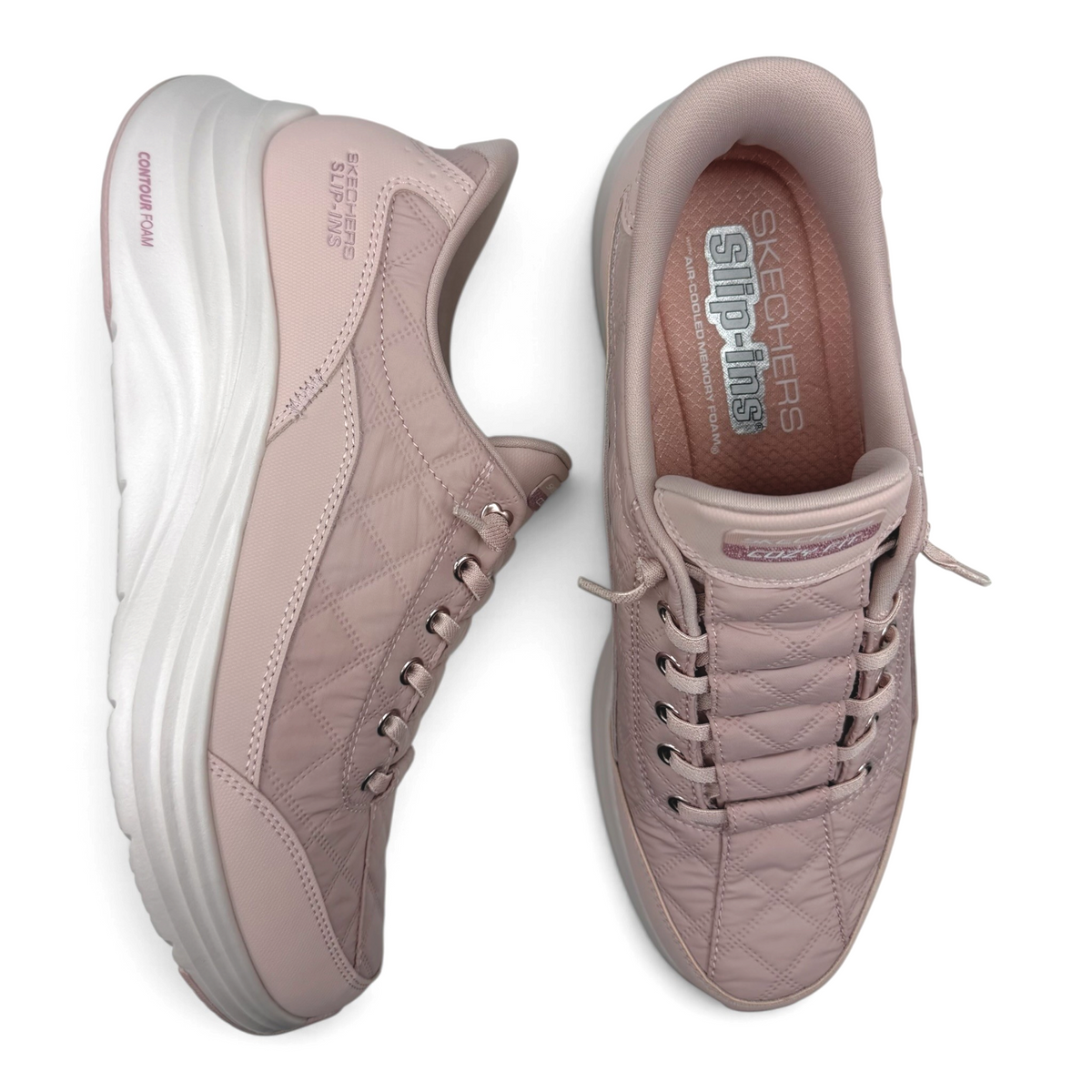 The Shoe Shop Skechers quilted pink slip-on sneakers with Contour Foam cushioning and hands-free design.
