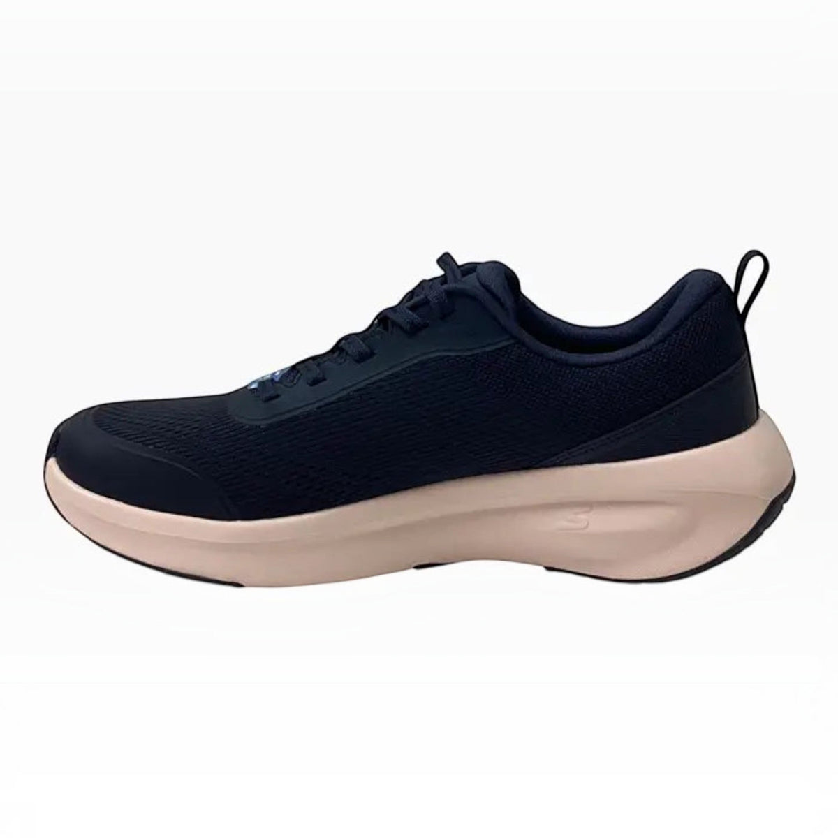 The Shoe Shop Skechers Plush Foam lace-up sneaker in navy mesh with a contrasting beige cushioned midsole.