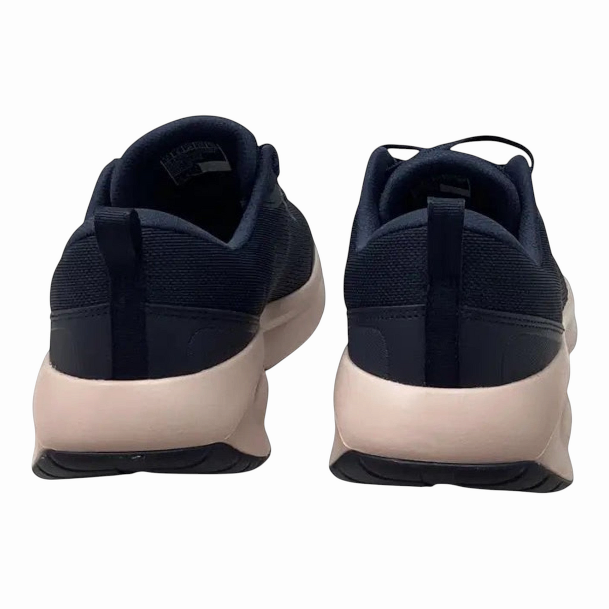The Shoe Shop Skechers Plush Foam navy mesh sneakers showing the rear view with a thick cushioned midsole and pull tab