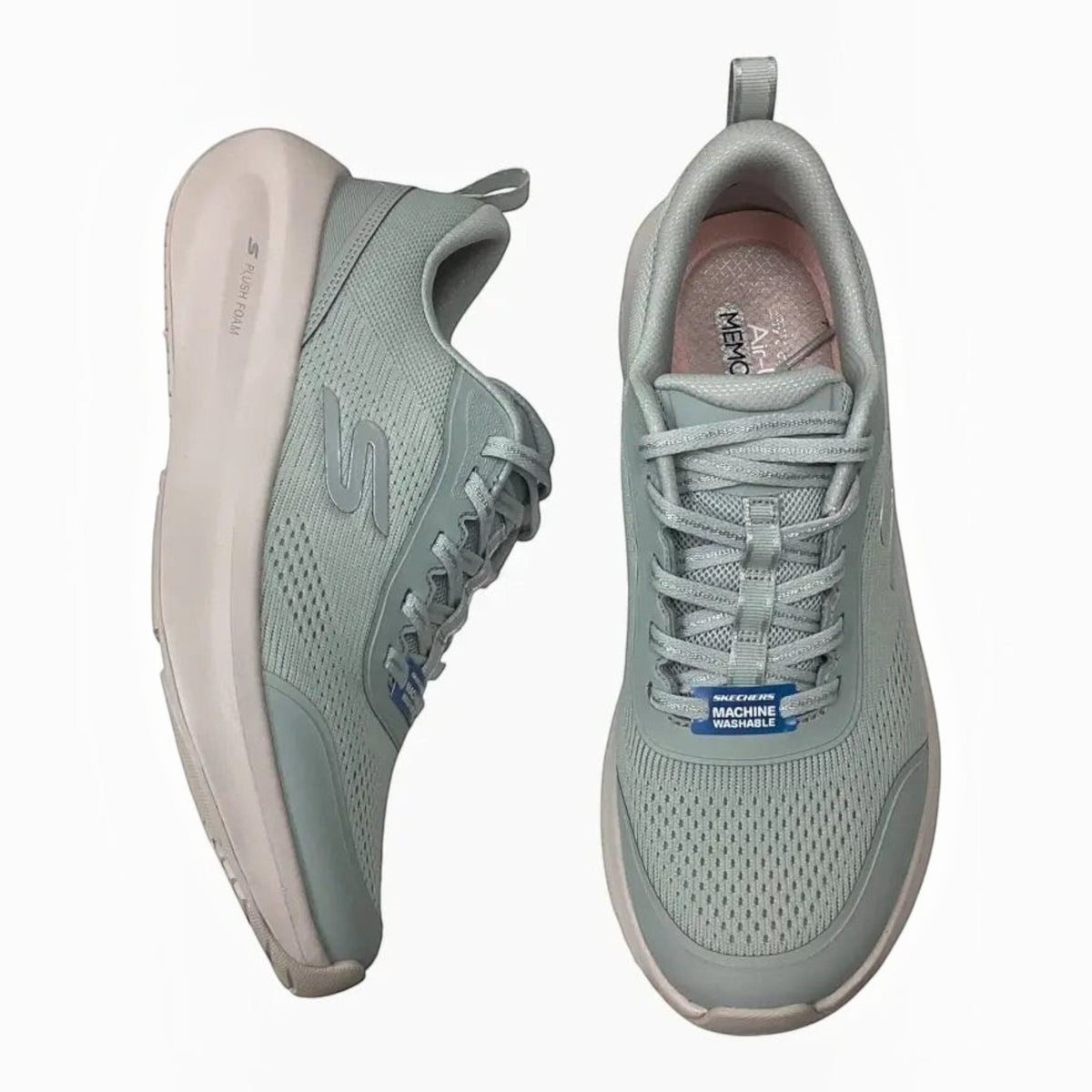 The Shoe Shop Skechers Plush Foam sage green lace-up sneakers with breathable mesh and cushioned memory foam insoles.