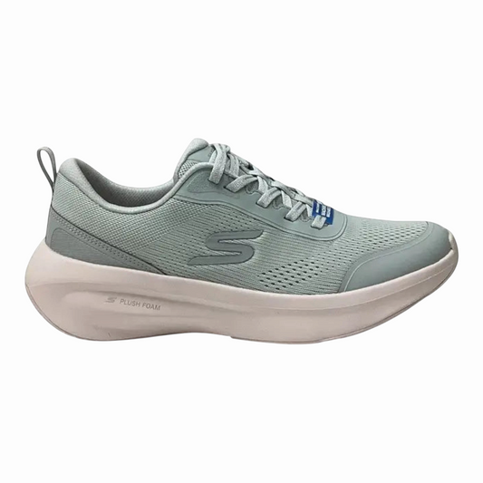 The Shoe Shop Skechers Plush Foam lace-up sneaker in sage green with breathable mesh upper and cushioned midsole.