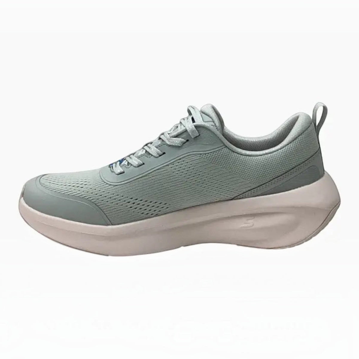 The Shoe Shop Skechers Plush Foam lace-up sneaker in light sage green with a thick white cushioned midsole.