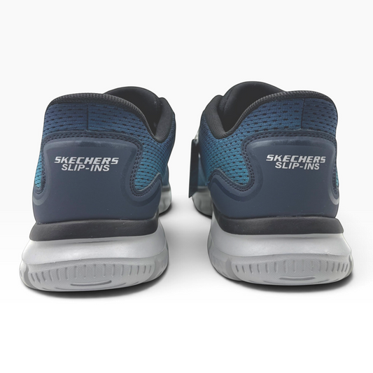 The Shoe Shop Skechers Slip-ins Track-Revno sneakers in navy blue with grey soles, rear view showing heel detail.