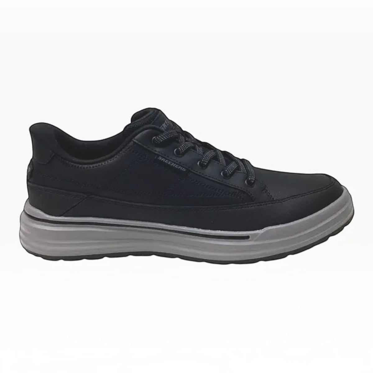 The Shoe Shop Skechers Sterling-Hansel black leather slip-on sneaker with grey midsole and stretch laces.