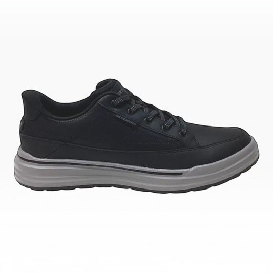 The Shoe Shop Skechers Sterling-Hansel black leather slip-on sneaker with grey midsole and stretch laces.