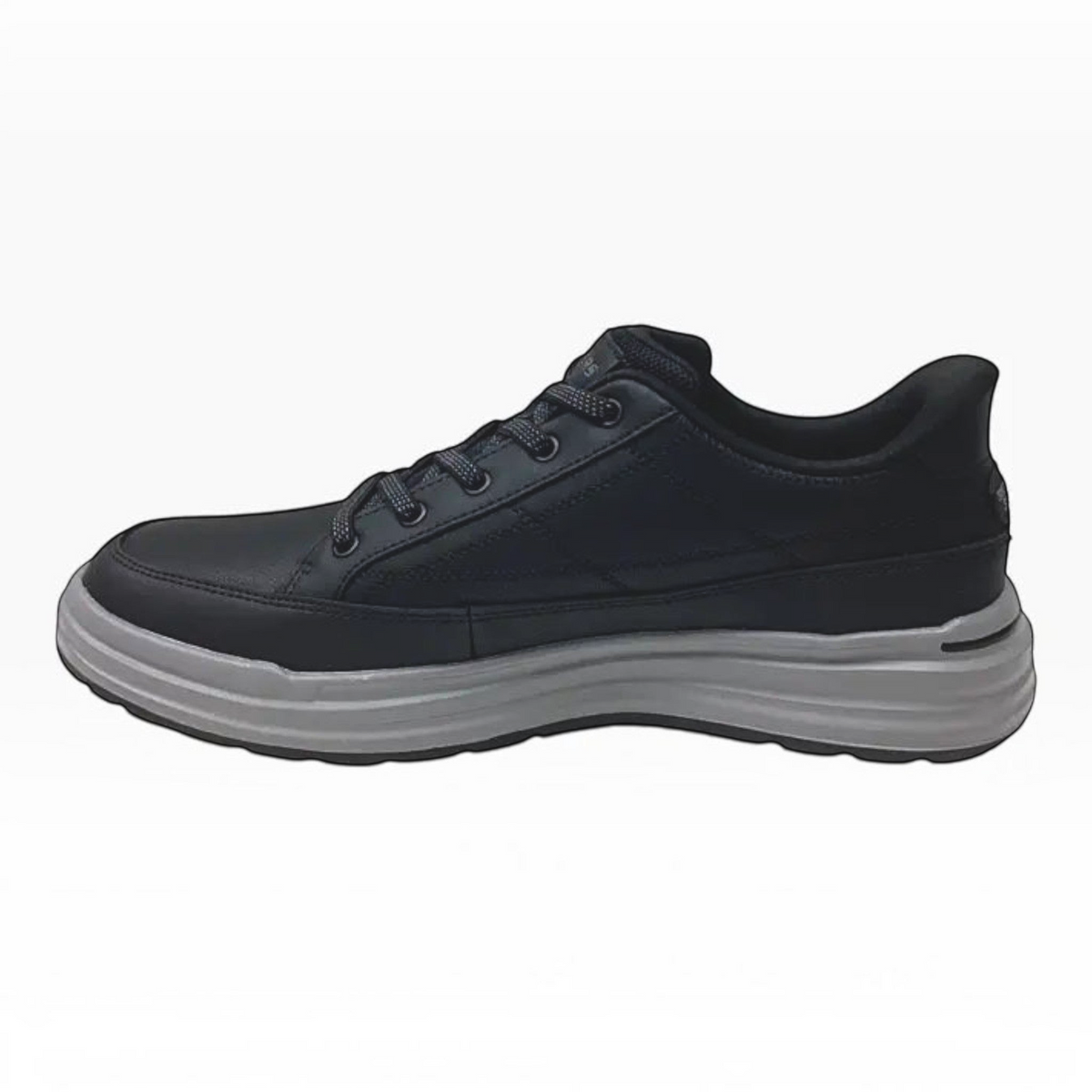 The Shoe Shop Skechers Sterling-Hansel black leather slip-on sneaker with grey cushioned midsole and stretch laces.