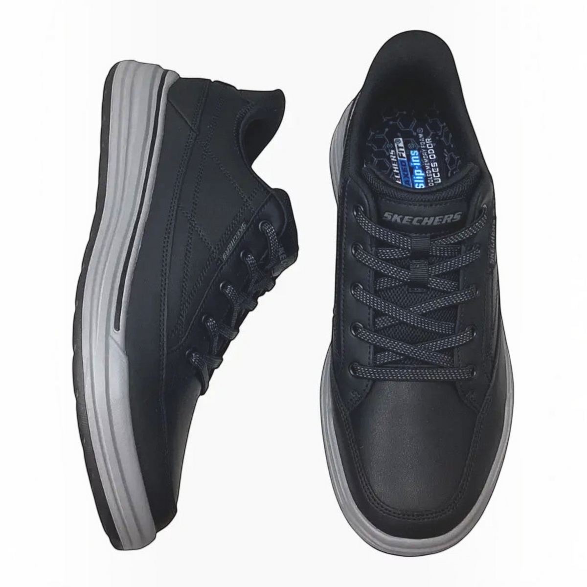 The Shoe Shop Skechers Sterling-Hansel black leather slip-on sneakers with grey midsoles and fixed stretch laces.