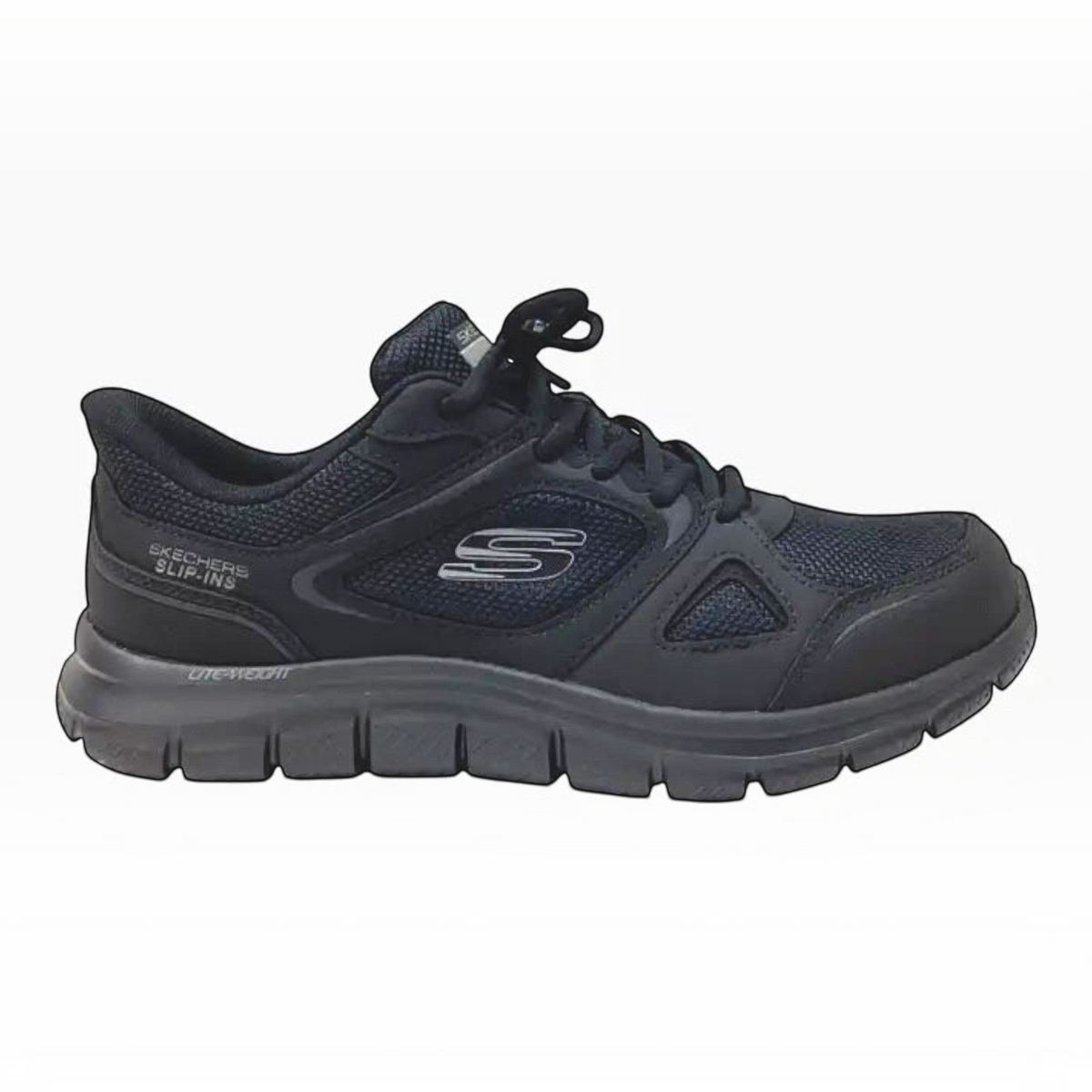 The Shoe Shop Skechers Track Ezral black slip-in sneaker with mesh upper, leather overlays, and cushioned sole.