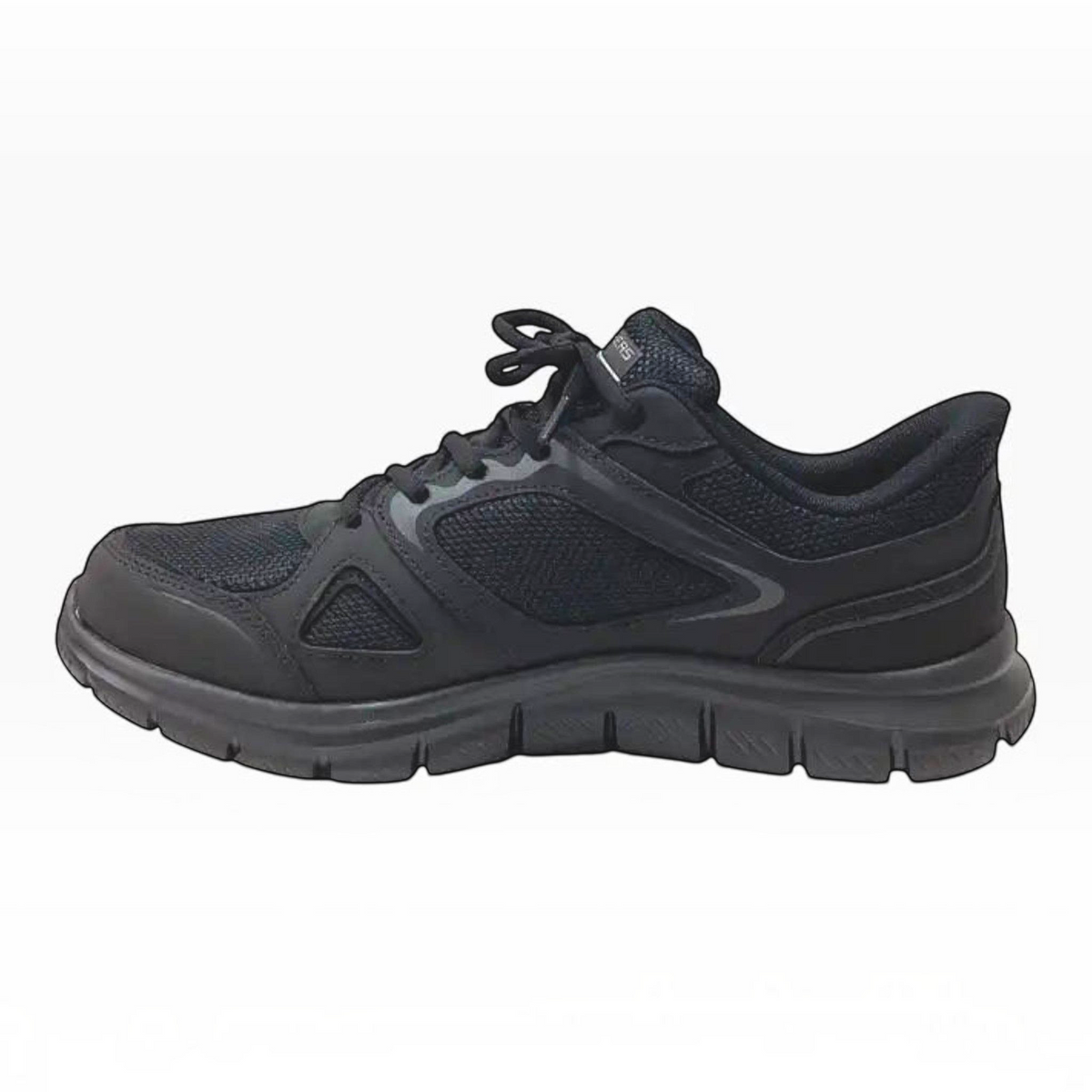 The Shoe Shop Skechers Track Ezral black slip-in sneaker with mesh upper, leather overlays, and cushioned sole.