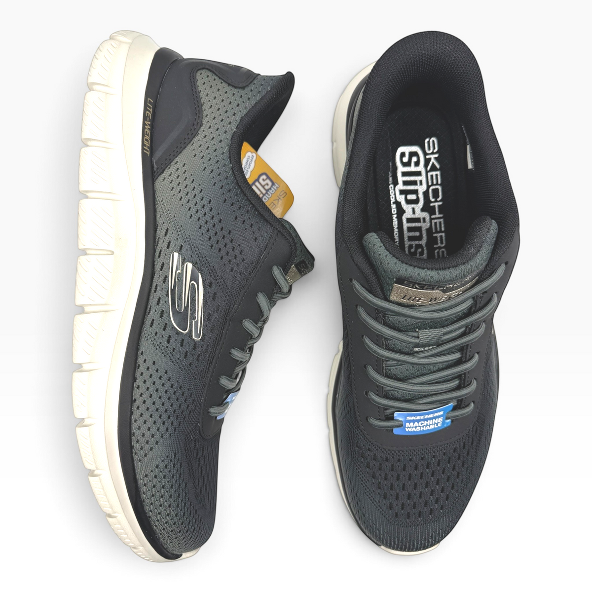 The Shoe Shop Skechers Track-Revno black mesh slip-in sneakers with lightweight beige soles and memory foam insoles.