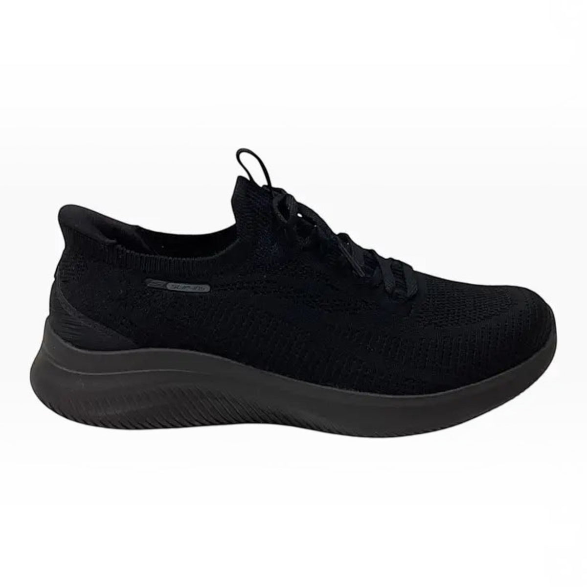 The Shoe Shop Skechers Ultra Flex 4.0 black vegan slip-on sneaker with stretch knit upper and cushioned memory foam.