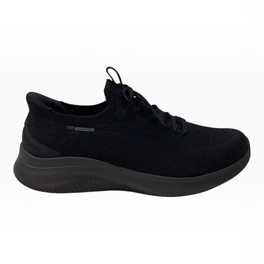 The Shoe Shop Skechers Ultra Flex 4.0 black vegan slip-on sneaker with stretch knit upper and cushioned memory foam.