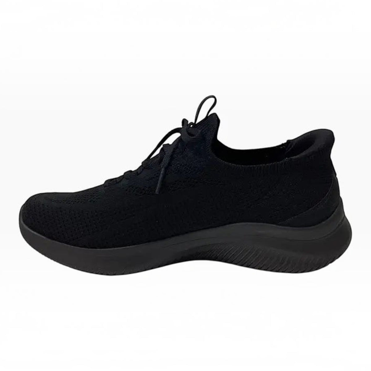 The Shoe Shop Skechers Ultra Flex 4.0 black slip-on sneaker with engineered knit upper and cushioned memory foam sole.