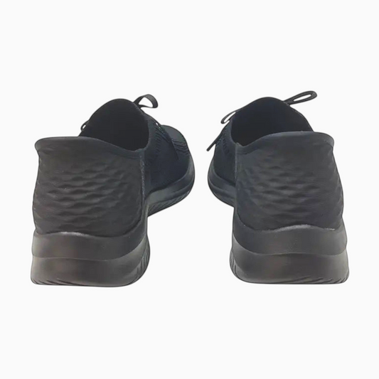 The Shoe Shop Skechers Ultra Flex 3.0 slip-in sneakers in black, showing the heel view with Heel Pillow technology.