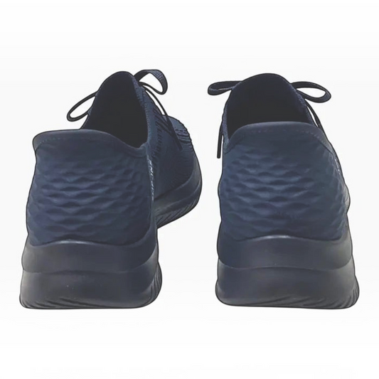The Shoe Shop Skechers Ultra Flex 3.0 navy slip-in sneakers showing the textured heel and cushioned sole rear view.